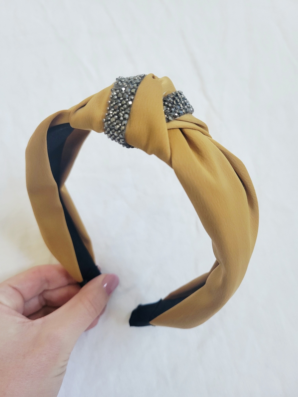 Knotted Headband with Crystal Accent Mustard Yellow OS